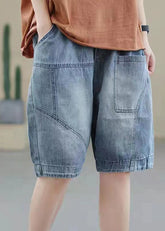 Handgemachte Jeans Hellblau Elastische Taille Taschen Patchwork Baumwolle Kurze Hose